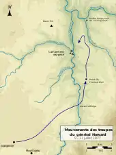 Carte topographique indiquant les mouvements des belligérants.