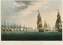 « Battle of the Nile, Augt. 1st 1798 » par Thomas Whitcombe : Union Flags sur les mâts britanniques à la bataille d'Aboukir. À l'arrière, White Ensigns.