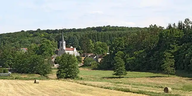 Prairies dans le val du Brévon en aval de Beaulieu. Derrière le lieu-dit sur-la-Douix et la colline du Plain (396&nbsp;m).
