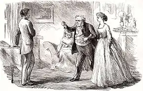 Gravure : salon très lumineux ; à gauche, Rokesmith de 3/4 dos, la main gauche posée sur une table, une jambe légèrement fléchie, debout droit et digne ; devant lui, Boffin, l'air courroucé, le menace du poing ; Bella, l'air ennuyé, a son bras droit passé sous son coude. Au fond, Mrs Boffin est assise, tête basse, sur un canapé