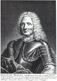 Gravure en noir et blanc d'un gentilhomme du XVIIIe&nbsp;siècle revêtu d'une armure et coiffé d'une perruque.