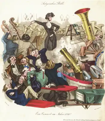 Caricature de Berlioz dirigeant un orchestre où explose un canon, devant un public qui se bouscule et s'empoigne