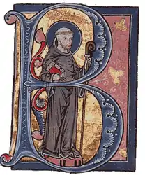 Lettrine historiée B, représentant Bernard de Clairvaux, tirée d’un manuscrit du XIIIe&nbsp;siècle.