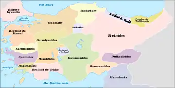 Carte des beylicats d’Anatolie formés après la Bataille de Köse Dağ (1243)