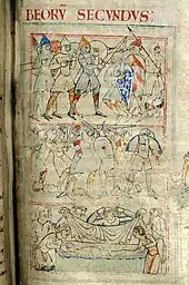 3 scènes superposées, les 2 du haut montrant des batailles et celle du bas un homme couché