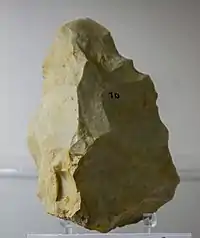 Photographie en couleurs représentant un silex préhistorique taillé.