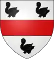 D'argent, à la fasce de gueules, accompagnée de trois merlettes (alias éperviers) de sable.