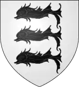 Dessin en forme de bouclier représentant 3 dauphins superposés noirs sur fond blanc.