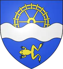 Un blason avec une grenouille jaune vue du dessus, sur fond bleu