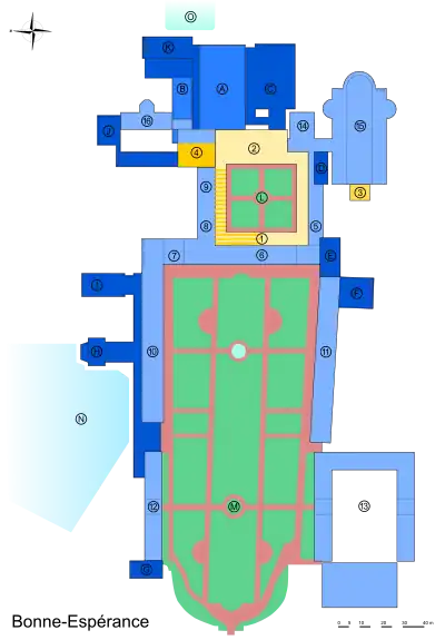 Dessin vectorisé montrant le plan général simplifié des bâtiments abbatiaux de Bonne-Espérance et des annexes plus récentes, tels qu'on peut les voir en 2023.