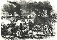 Gravure représentant une ville en pleine bataille