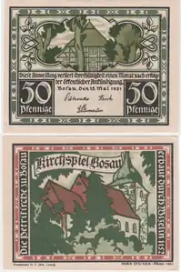 Billet de banque de nécessité allemand (recto et verso) de Bosau, d'une valeur de 50&nbsp;pfennig (1921).