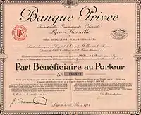 part bénéficiaire imprimée d'une société, avec signatures et tampons.