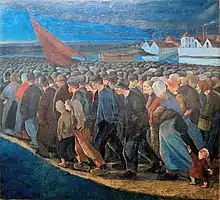 Un soir de grève d'Eugène Laermans : masse lourde et compacte de manifestants semblant immense avec à l'arrière-plan une usine