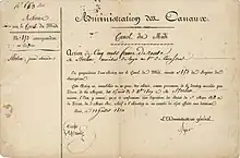 Action du Canal du Midi de 500 francs, émise à Paris le 10 juillet 1810 au nom du quartier-maître du 1er&nbsp;régiment de cuirassiers Monsieur Sterlin. Fondée le 10 mars 1810 par Napoléon Bonaparte au capital de 10 millions de francs, divisé en 1000 actions de 10.000 francs chacune, avec un dividende annuel fixe de 500 francs.
