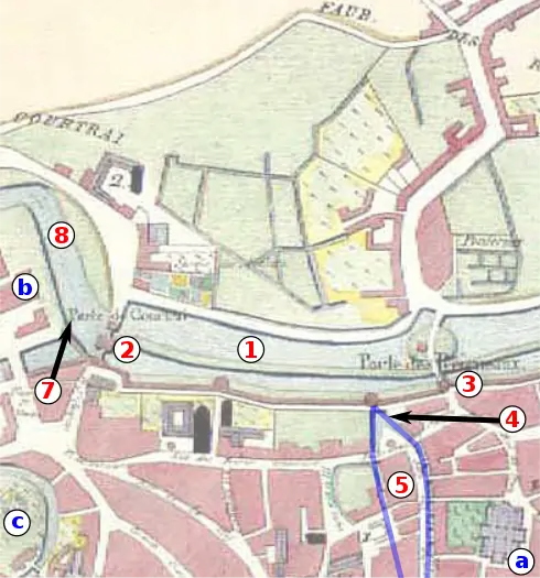 1604
1 Fossé du mur d'enceinte (futur canal des Sœurs Noires).2 Porte de Courtrai.3 Porte des Reignaux.4 Canaux Saint-Clément et de la Quenette.5 Canaux des Boucheries et des ponts de Comines.7, 8 Fossé du château de Courtrai (futur canal du Pont de Flandres).