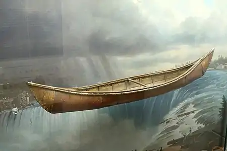 Maquette de canoé (fin XVIIIe&nbsp;siècle, avant 1782), région des Grands Lacs, écorce de bouleau, racine d'épinette, cèdre.