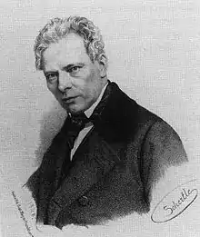 Noir et blanc, photo en demi profil, en costume 3 pièces, chemise à col cassé blanche et gilet noir avec veste anthracite à larges revers, avec nœuds papillon noir. Visage très légèrement carré, cheveux blonds et ondulants, yeux clairs, nez aquilin.