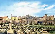 Gravure en couleurs d'une immense bâtisse, entourées de remparts et surplombant un vaste jardin arboré.