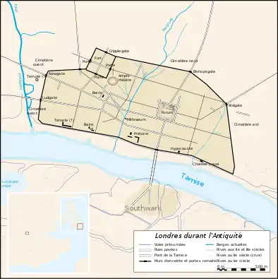 Londinium (Londres) vers 400, à la fin de la domination romaine en Grande Bretagne. La carte montre le prétoire, cœur de la vie administrative de la province.
