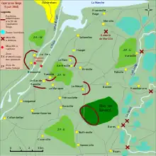 Carte d'une zone située entre le canal de Caen et la Divette, en Normandie. Des croix rouges indiquent des objectifs à détruire, majoritairement à l'est (gauche) de la carte. Quatre zones en vert clair disséminées à l'est, au nord-ouest, au sud et au centre indiquent les zones d'atterrissage des parachutistes. Des points jaunes dispersés partout sur la carte indiquent les villages et hameaux. Des lignes de couleur bordeaux indiquent les positions des parachutistes britanniques à la fin de l'opération Tonga.