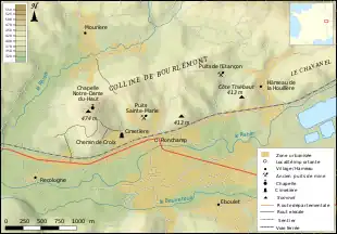 Carte montrant le relief autour du centre-ville de Ronchamp.