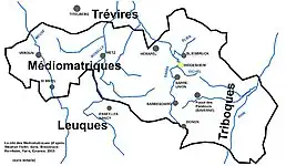 Carte délimitant le territoire des Médiomatriques dans l'Est de la France.