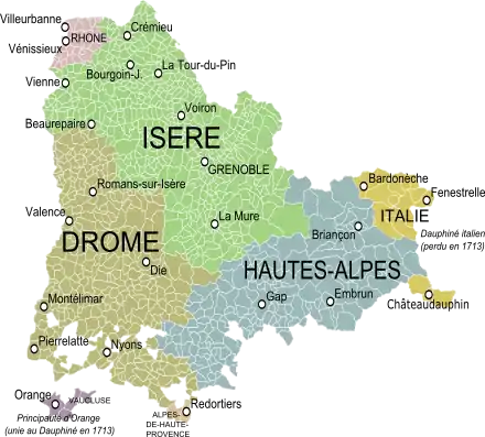Le Dauphiné dans ses limites du XVIIIe&nbsp;siècle et les communes et départements actuels. Vénissieux apparaît en haut à gauche.