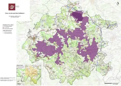 Carte du Parc national de forêts (en vert l’aire d’adhésion, en violet le cœur et en violet foncé la réserve intégrale)
