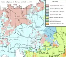 Carte où le centre de l'Europe est à dominante bleue (catholique) puis rouge (protestant) ; l'Est en vert (orthodoxe).