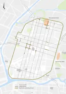 Carte figurant les limites de la ville antique de Condate, mettant en avant les cardi et les decumani.