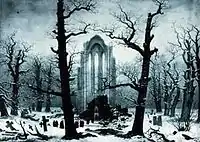 Cimetière d'un cloître sous la neige, par C.D. Friedrich,  1819, huile sur toile, œuvre disparue en 1945.