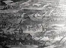 Dessin du XVIIe&nbsp;siècle, montrant le séminaire Saint-Joseph à Ayutthaya au premier plan, avec les canaux et la ville à l'arrière.