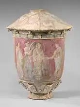 Mariée et servantes. Vase funéraire. Centuripe IIIe – IIe siècle. H. 39 cm. Décor polychrome peint après cuisson. Met