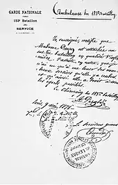 Scan d'un certificat attribué à Alix Payen par l'ambulance du cent-cinquante-troisième bataillon. Il y est écrit : « Je soussigné, certifie que madame Payen est attachée au sus-dit bataillon en qualité d'infirmière. J'atteste, en outre, que je n'ai eu qu'à me louer des nombreux services qu'elle y a rendu, et qu'ainsi elle a droit à tous les égards possibles. Le chirurgien du cent-cinquante-troisième bataillon, A. Peraldi. Paris, 9 mai 1871. Vu, le chef du bataillon, E. Lalande ; le secrétaire général Leroudier. »