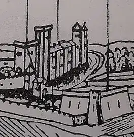 n°18 : Château de Nolibos (XIVe&nbsp;siècle), extrait du dessin réalisé par Joachim Duviert en 1612.