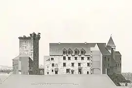 Dessin en noir et blanc d'un vieux château.