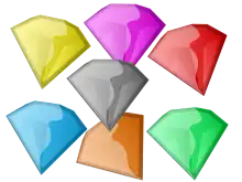 Sept émeraudes colorées, sur fond blanc