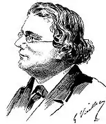 Dessin du profil gauche d’un homme aux cheveux mi-longs, portant lunettes.