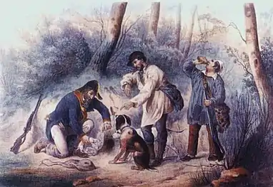 Chasse au furet, lithographie de Victor Adam.