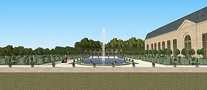 Restitution de la vue sur le parterre de l'Orangerie du château de Saint-Cloud depuis le petit appartement de Monsieur, XVIIe&nbsp;siècle.