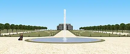 Vue du château de Montgeron depuis le bout du parterre.