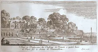 Vue et perspective du chasteau de Frémont à quatre lieues de Paris sur le chemin de Fontainebleau. Milieu du XVIIe&nbsp;siècle.