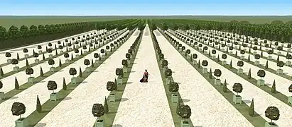 Restitution de la vue sur le parterre de l'orangerie de Saint-Mandé en vue cavalière, 1661.