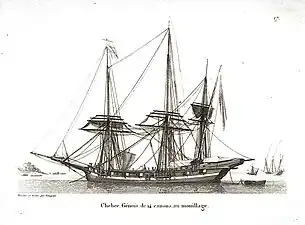 Un chébec génois de guerre en 1826. Celui-ci est gréé à voile carrée, ce qui se pratique souvent à partir de 1750 mais lui retire son allure caractéristique.
