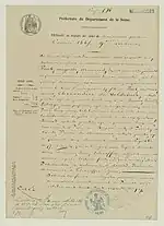 Papier jauni à en-tête de la préfecture du département de la Seine. Texte écrit à la plume. Présence de deux cachets officiels. Titre, extrait du registre des actes de naissance de 1865.
