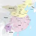 La Chine au XIIe&nbsp;siècle. Le nord de la ligne Qinling-Huaihe était sous le contrôle de la dynastie Jin, tandis que le sud était sous le contrôle de la dynastie Song.