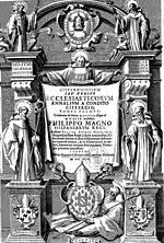 Gravure ornant le frontispice d'un ouvrage et représentant des ecclésiastiques entourant le titre.