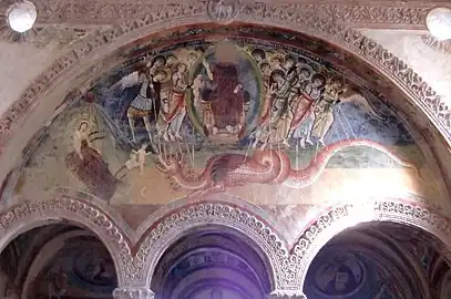 Scène de l'Apocalypse dans l'abbaye de San Pietro al Monte (Civate, Italie), fin du XIe&nbsp;siècle ou début du XIIe&nbsp;siècle.