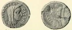Monnaie de Jules César le représentant en pontifex maximus au droit avec légende CAESAR DICT PERPETVO. Au revers : P SEPELLIVS MACER, avec Vénus debout à gauche, tenant une victoire et un sceptre ; au pied du sceptre, un bouclier (Crawford, Roman Republican Coinage, 480/12).